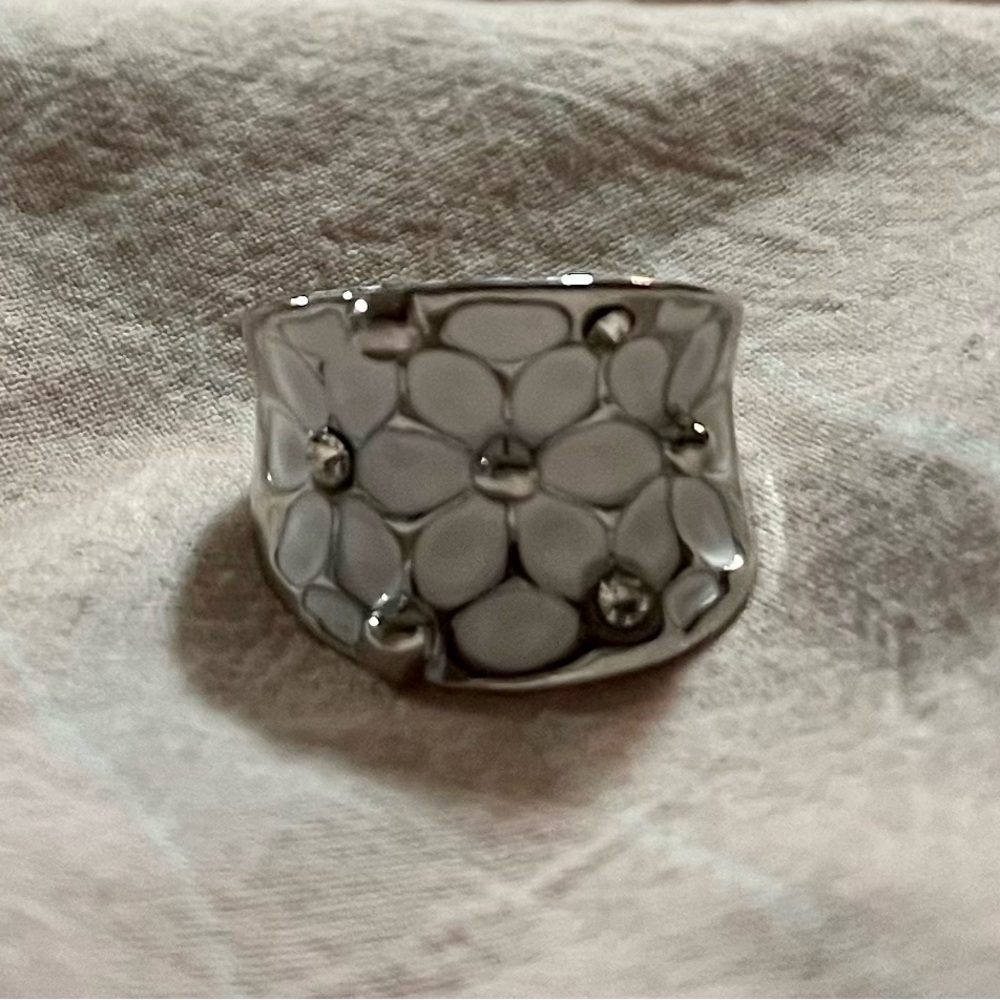 Silver and white enamel ring